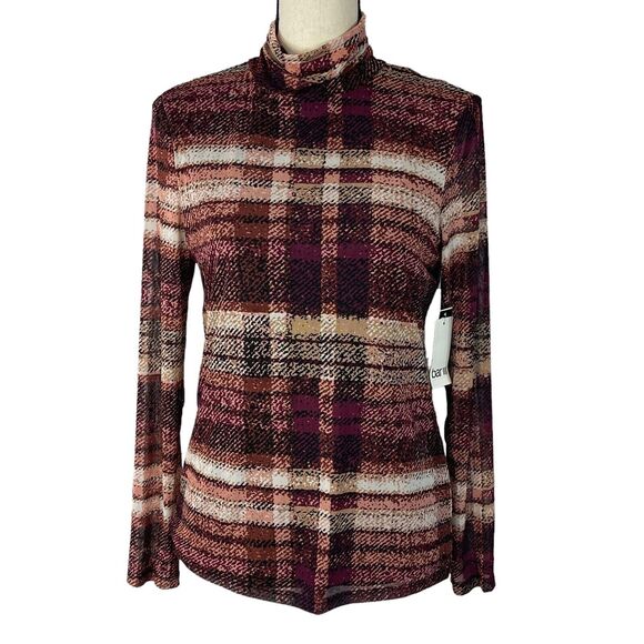 Bar III X-Small Top Plaid Long Sleeve Turtleneck Stretch Lined Lightweight Multi - Picture 1 of 9